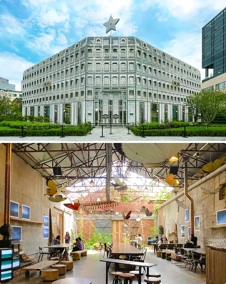 Striking architectural facade and industrial-style cafe filled with whimsical butterfly decorations overhead.